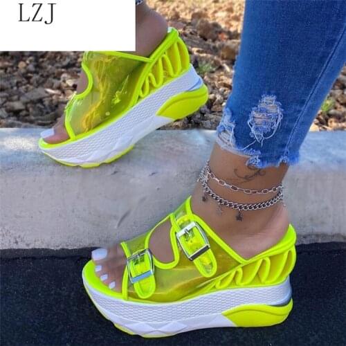 2020 New Summer Fashion PVC Wedge Slippers Female Transparent Belt Buckle Super High Heel Platform Large Size 43 Sandals Women