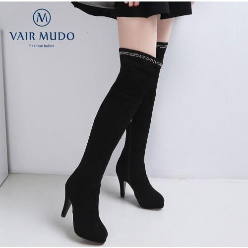 VAIR MUDO Knee-High Boots Cow Suede Platform Solid Genuine Leather Thick Bottom High Heels Rubber Black Elegant Footwear ZT44L