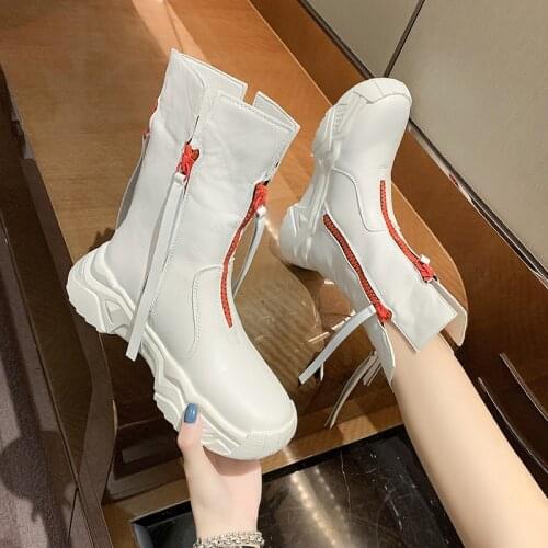 2021England Pure Leather Versatile Muffin Shoes Thick Bottom Zipper Boots Women Tassel Round Head Solid Short Boots Single Shoes