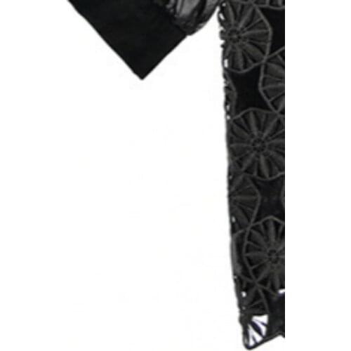 Women Black Dress Lace Stitching Turn-down Collar Long Sleeve Pleated Female Dresses with Buttons 2020 Early Autumn New