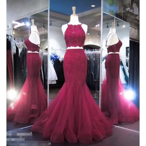 Two Pieces Gown 2020 Burgundy dresses Long with Appliques Beaded Tulle dress for graduation Formal New Dress