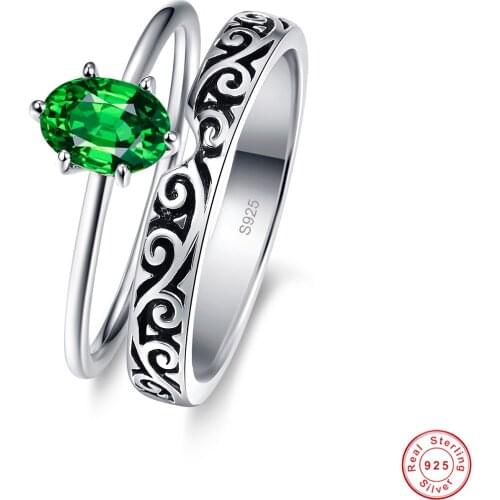 Womens 925 Sterling Silver Proposal Wedding Ring Green Emerald Oval Ring Vintage Engrave Flower Ring