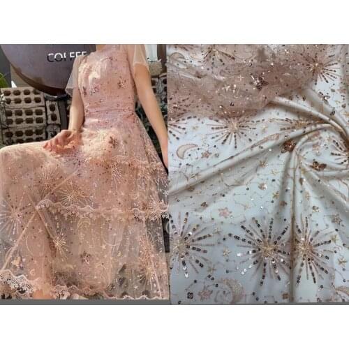 1 Yards 130CM Width Fashion Dress Top Quality Off White Gorgeous Embroidered French Lace Fabric Sequins Bridal Lace Fabric