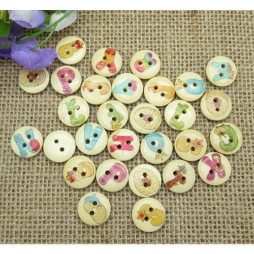 100 Fashion Mixed Natural Round Cute Letter Series Pattern Wooden Buttons For Clothes Crafts Sewing Scrapbooking DIY Accessories