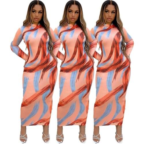 A5275 Wholesale Items Long Sleeve Print Turtleneck Evening Prom Party Pencil Slim Formal Bandage Sexy Vestidos Dress