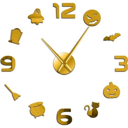 DIY Silent Wall Hanging Art Big Wall Clock Halloween 3D Trick or Treat Horror Wall Clock with Big Clock Hand Digital Mirror
