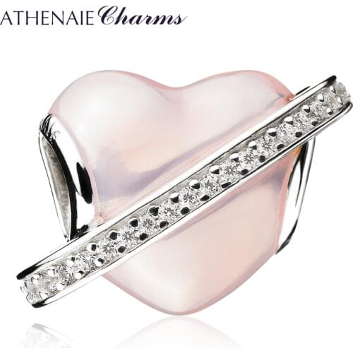 ATHENAIE 925 Sterling Silver Soft Pink Enamel Charms In My Heart Love Knot Charm Bead Fit Valentine'Day Bracelet Color LightPink