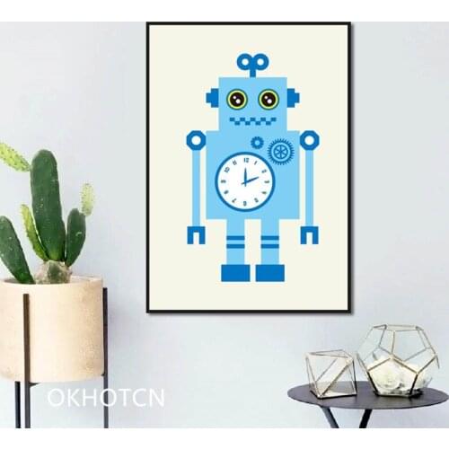 Home Decor Canvas Painting Cartoon Clock Robot White Backgrond Posters and Print Wall Art Picture for Child Room Living Room