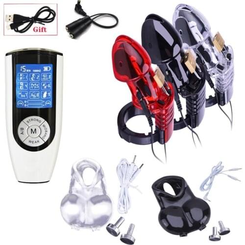 Electric Shock Cock Cage Penis stimulation massager Scrotum Sleeve Ball Stretcher Male Chastity Lock delayed masturbator SexToy