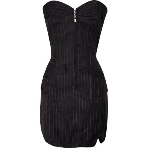 Gothic Black Striped Corset Women Formal Overbust Bustier Waist Cincher Shaper Plus Size 6XL Business Clothing Skirt Thong 3 Pcs