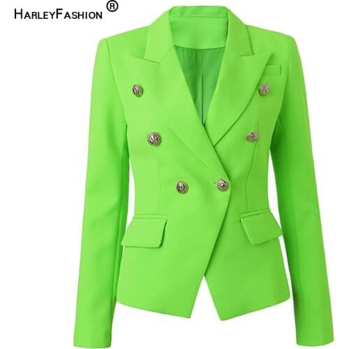 HarleyFashion High Street Elegant Women Gold Buttons Double Breasted Bodycon Fluorescent Green Female Blazer