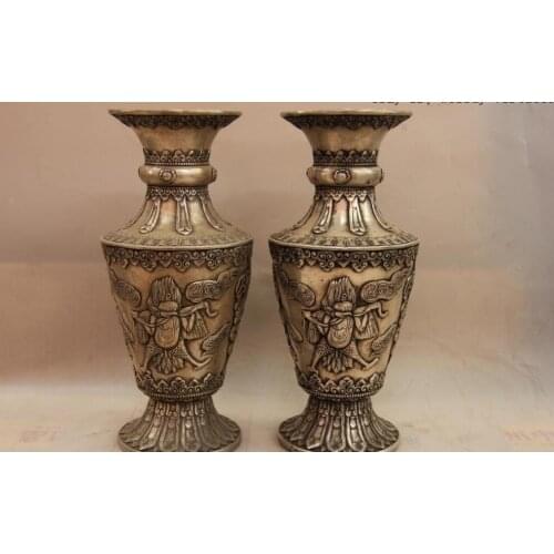 China White Copper Silver Buddhism Bird Garuda Dragon Pot Bottle Vase Pair