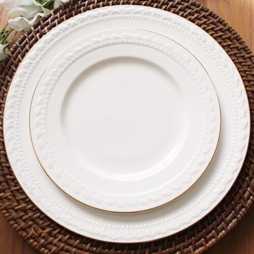 Korean European Phnom Penh Creative Embossed Cutlery Set Pure White Steak Plate Flat Plate Western Cuisine Plate Bone Porcelain