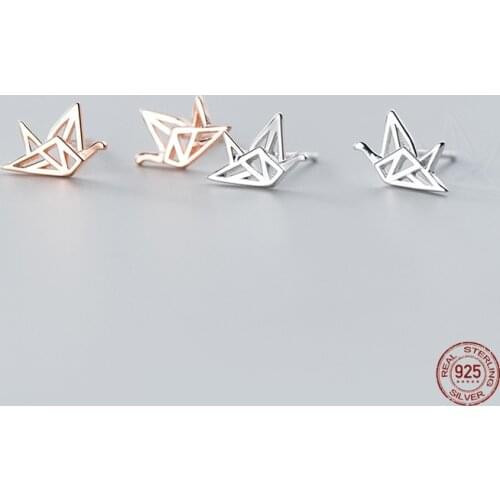 LKO Thousand Paper Cranes Stud Earrings for Women 925 Sterling Silver Cute Simple Trendy Statement Girl Friend Jewelry Ornaments