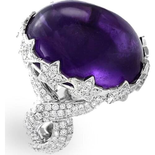 Trendy Creative White Round Star Full Zirconia Purple Oval Crystal Silver Color Alloy Female Ring for Women Party Jewelry