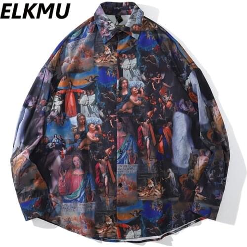 ELKMU Harajuku Streetwear Bible Christian Painting Print Shirt Autumn Mens Long Sleeve Shirts Oversized Tops Male HM504