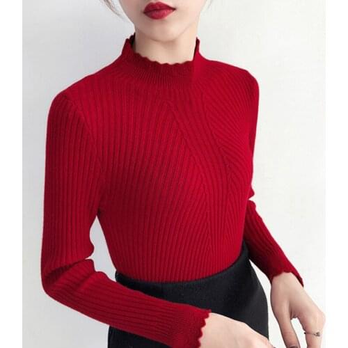 Half Neck Autumn Slim Ladies Knit Jumpers Basic Long Sleeve Womans Sweater Ribbed Elastic Solid Female Pullovers for Lady Tops
