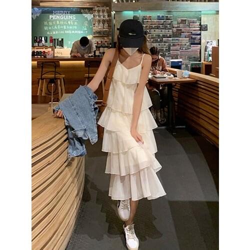 Sannian Popular V-neck Halter Dress Women Summer Chiffon Long Dresses 2021 New Sweet Design Pleated Dress Ladies Clothes