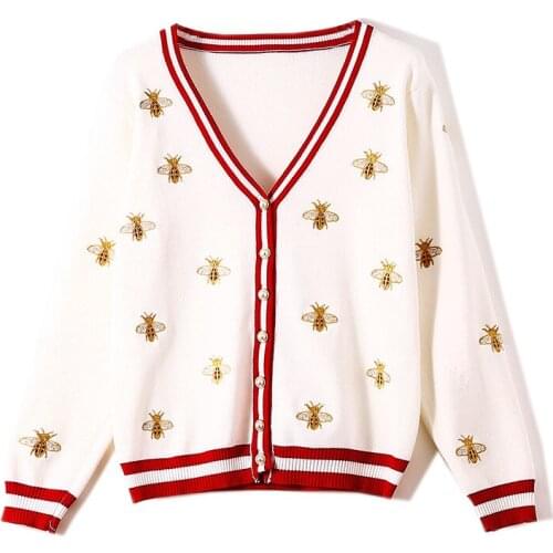 Saythen 2020 New Fashion Designer Bees Embroidery Cardigan Knitted Sweater Coat V-Neck Single Breasted Loose Female Outwear