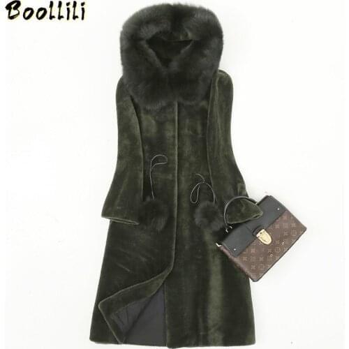 Boollili Real Fur Coat Female Natural Sheep Shearing Overcoat With Genuine Fox Fur Collar Hooded Wool Winter Jacket Wome