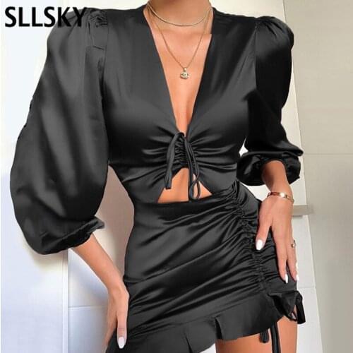 SLLSKY Womens Satin Dresses Lace up Ruffle Hollow out Long Sleeve Ruched Mini Dress Fashion Autumn 2020 New Ladies Clubwear