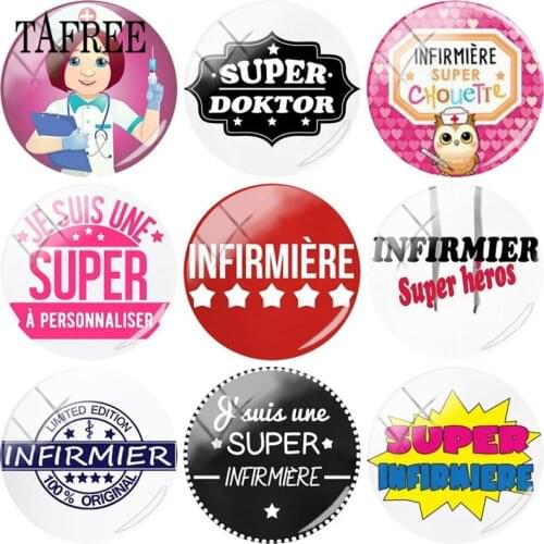 TAFREE 5pcs/lot Super infirmier Nurse 25mm Round Glass French Letter Picture Cabochon DIY Cameo Pendant Jewelry Findings