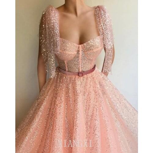 2020 Design manches rose robes de bal longues pour les dos ouvert a-ligne evening dress étincelle Sequin robes de soirée