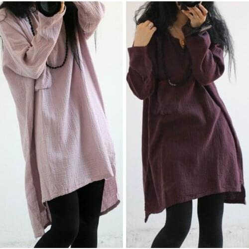2020 Spring Vintage Style Dress Women Art Loose Cotton Linen Vestidos Solid Color Long Sleeve After Short Before Long Dresses
