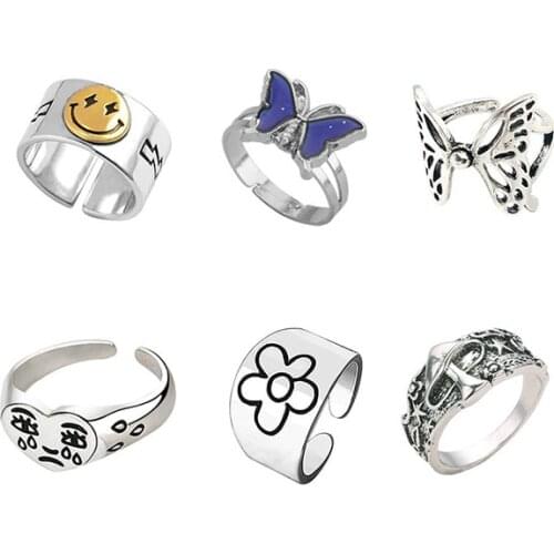 Vintage Metal Heart Butterfly Rings Fashion Finger Jewelry for Men Women Friend Couple Gift Punk Mushroom Flower Ring Party New