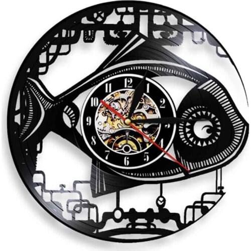 Vintage Steampunk Robot Fish Design Wall Clock Mechanical Fish Vinyl Record LP Clock Handmade Modern Wall Art Gear Fish Clock