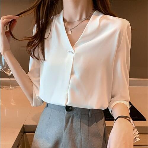 Office Lady Chiffon Shirt Summer Fashion Short Sleeve Women Blouses 2021 New V-neck Loose Vintage Tops Thin Blusas Mujer 15375