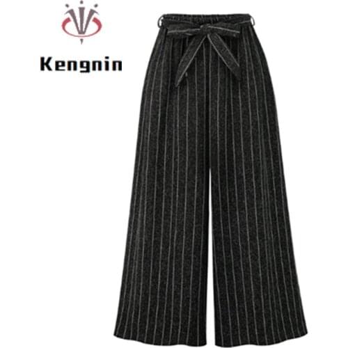 Spring 2021 European Style Women Wide Leg Pants Plus Size 4XL Ladies Vertical Striped Trousers Loose Bow Drawstring Capris KN110