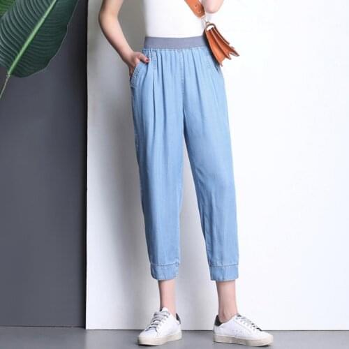Women High Waist Loose Pencil Pants Tencel Casual Jeans Ankle-Length Pants Female Summer Thin Trousers Plus Size