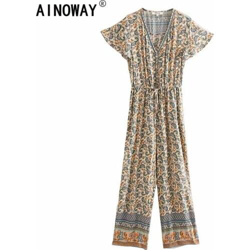 Vintage chic women Boho floral print elestic waist Bodysuits short sleeve v-neck sashes bohemian rayon Rompers Jumpsuit