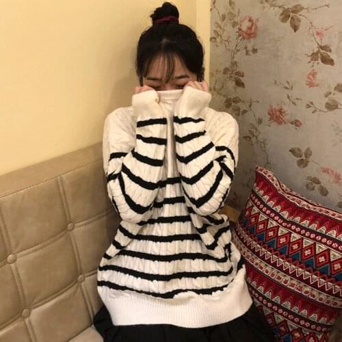 Striped knitted sweater women 2020 autumn winter rumored new long sleeve round neck warm striped middle length pullover FemaleM1