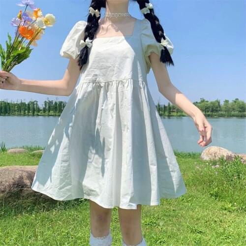 Japanese Sweet College Style Dress Women Summer 2021 Style Square Neck Puff Sleeve French Kawaii Girl Women Gothic Lolita Dress