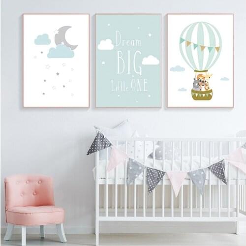 Animal Balloon Moon Nursery Poster Wall Art Canvas Print Dream Big Quotes Painting Nordic Kid Baby Bedroom Decoration Picture