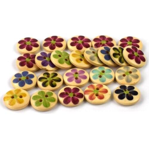 100PCS 15MM Mixed Daisy Round Wooden Craft Buttons Costura Acessorios 2 Holes Handmade Scrapbooking Crafts Accessories