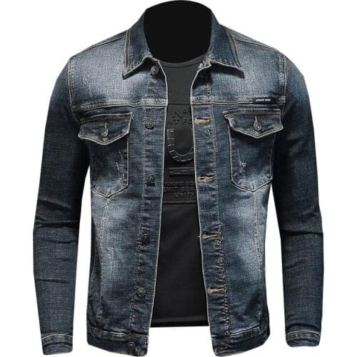 2021 Retro Denim Jacket Men Free Shipping Turndown Collar Long Sleeve Elasticity Slim Blue Bomber Jeans Coat Cowboy Male Brand