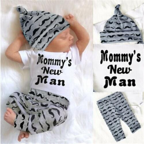 0-18M 3pcs Baby Boys Clothes Set Letter Print White Sleeve Baby Rompers Tops Beard Print Long Pants Baby Boys Hats Toddler Set