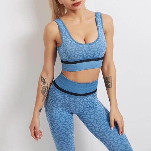 Seamless Sports Leggings Leopard Print Yoga Set Women Fitness Bra Vest High Waist Yoga Pants Gym Running Push Hip Tights Set