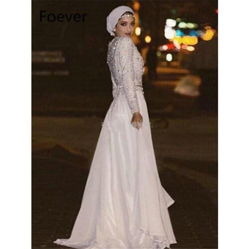 Sparkly Long Sleeves Muslim Prom Dresses Sequins Crystal Chiffon Floor Length Evening Dresses Arabic Abaya Party Gown