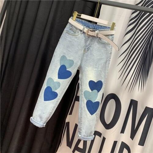 Timis Li Women Denim Jeans Ladies Floral Print Sweet Full Trousers Plus Size Streetwear Jean Taille Haute