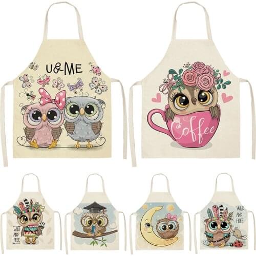 Owl Flower Cartoon Pattern Printed Cotton Linen Aprons 53*65cm Kitchen Brief Pinafore Women Home Cooking Baking Waist Bibs 46257