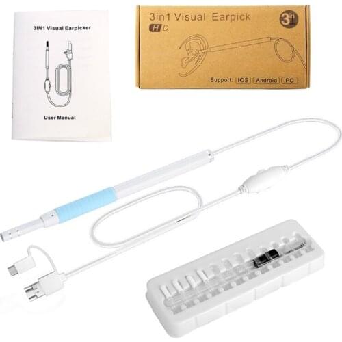 H7JC 3 in 1 Ear Cleaning Endoscope Spoon 5.5mm Visual 30W 130W Camera Otoscope with 6 LED Lights Mouth Nose Ear Picker Earwax