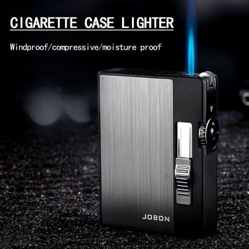 Jobon Portable Metal Cigarette Case 10 Pcs Windproof Jet Flame Cigarette Gas Flint Torch Turbo Lighter Smoking Mens Gift