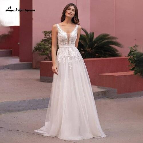 Lakshmigown Romantic Beach Wedding Dress 2021 Lace Bustier Appliques A Line Tulle Bridal Gown robe de mariee V Neck Open Back