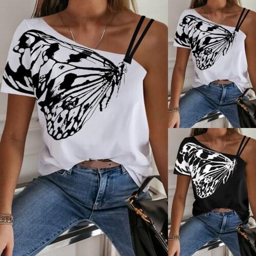 Summer Women Fashion Casual Shirts Summer Top Tee Tops Tee-shirts Plus Size One Shoulder Butterfly Print Oversize T-shirt Топ