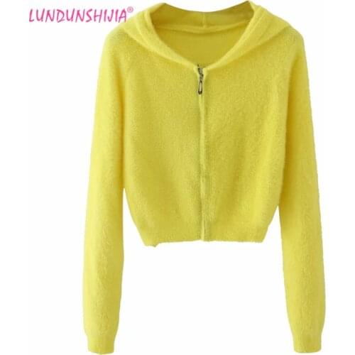 LUNDUNSHIJIA 2020 Autumn Women Yellow Mohair Hooded Cardigan Sweaters Ladies Fashion Zipper Slim Short Outwear Cardigans