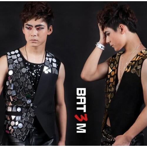 Male lens vest men punk rock costumes hombre chalecos singer dance stage star 2020 summer style personality slim black fashion